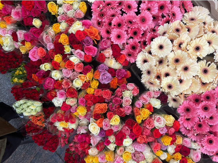Vibrant display of colourful roses and gerbera daisies in shades of pink, red, yellow, and cream arranged for sale at a flower market