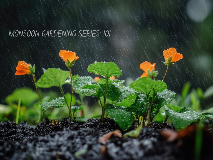 Small orange flowers blooming in fresh green foliage under heavy monsoon rain, with text overlay reading 'Monsoon Gardening Series: 101' on a blurred background