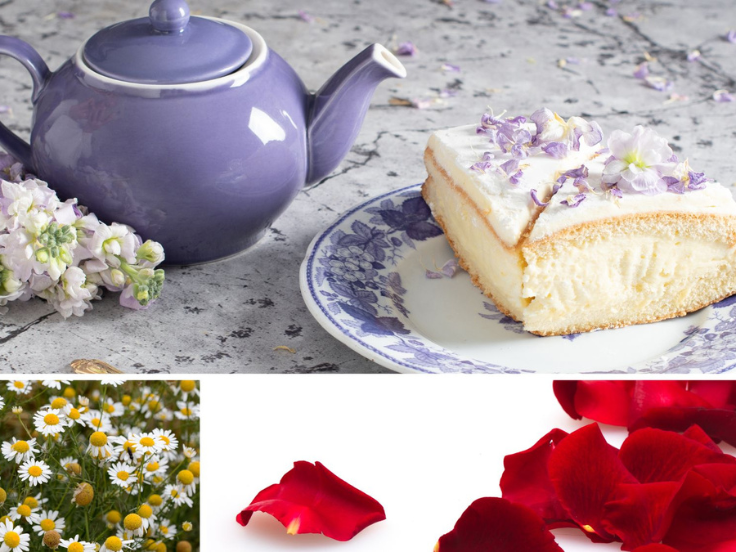 A slice of cake garnished with edible flowers beside a purple teapot, with chamomile blossoms and red rose petals showcasing edible flowers in cooking and tea.